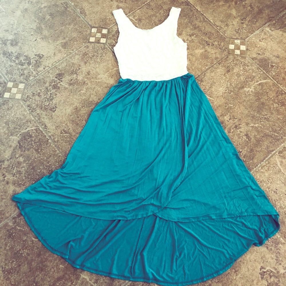 High-Low Crossover Dress in White Lace and Teal